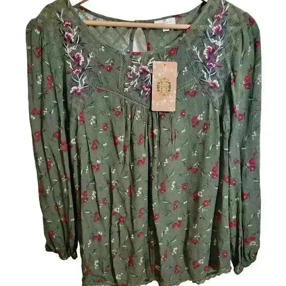 Mason Belle Blouse Top Womens Medium Maroon Floral Green Stretch Keyhole Boho - Picture 1 of 16